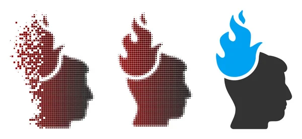 Icono de Cabeza de Fuego Fragmentado Pixel Halftone — Vector de stock