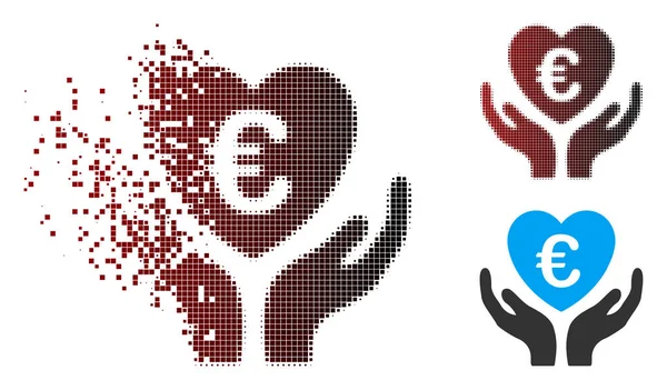 Disintegrating Pixel Halftone Euro Care Hands Icon — Stock Vector