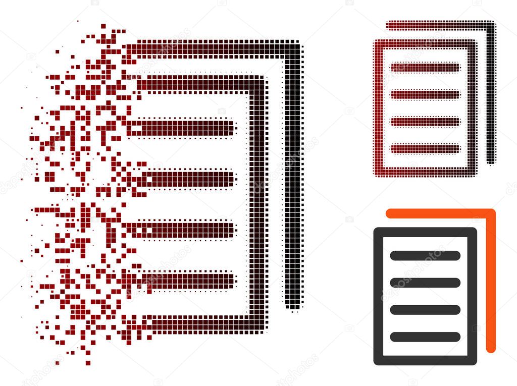 Vector copy document icon in dispersed, pixelated halftone and undamaged solid variants. Disintegration effect uses rectangle particles and horizontal gradient from red to black.