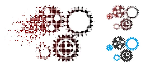 Disintegrazione dell'icona del meccanismo di ingranaggio mezzitoni pixel — Vettoriale Stock