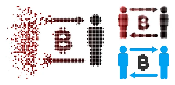 Розсіяної піксель напівтонових люди обмінюються Bitcoin значок — стоковий вектор