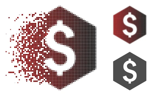 Pixel en movimiento Halftone Dollar Hexagon Icono — Vector de stock