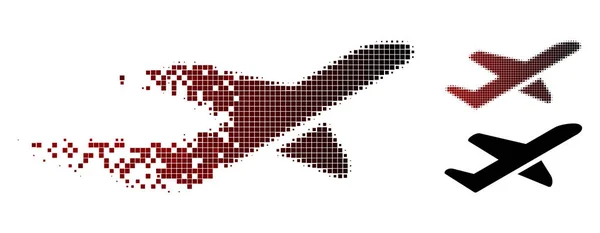 Geraspte Pixel Halftone vliegtuig opstijgen pictogram — Stockvector