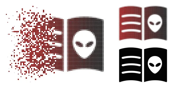 Desintegrando Pixel Halftone Alien Face Book Ícone — Vetor de Stock