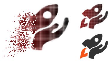 Dağınık piksel noktalı el ile roket fırlatma simgesi