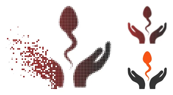Pó Pixel meio-tom esperma cuidados mãos ícone — Vetor de Stock