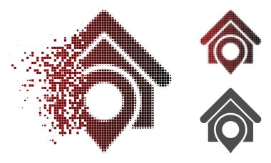 Realty konumu kutsal kişilerin resmi içinde dağınık, pixelated yarı ton ve hasarsız katı türevleri. Puan dağınık vektör realty konumu piktogram oluşur.