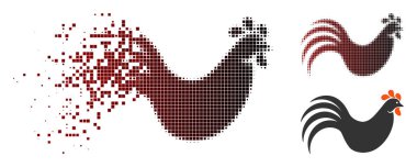 Rooster icon in dispersed, dotted halftone and undamaged entire versions. Points are composed into vector dispersed rooster pictogram. clipart