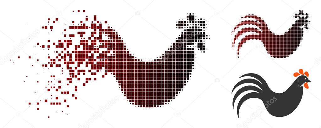Rooster icon in dispersed, dotted halftone and undamaged entire versions. Points are composed into vector dispersed rooster pictogram.