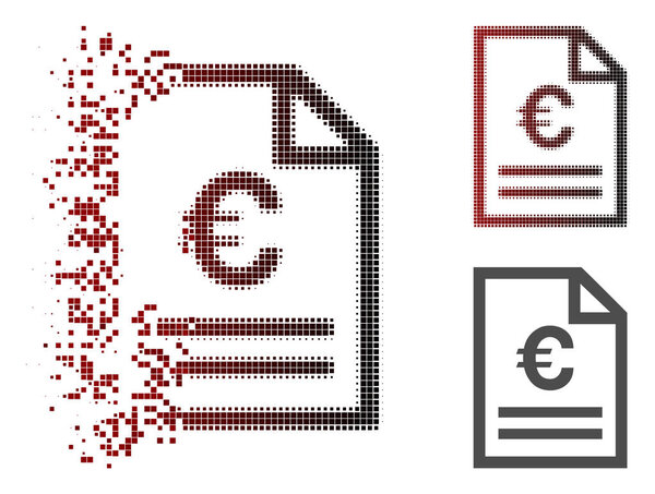 Иконка страницы счета-фактуры евро в растворенных, пунктирных полутонах и целых неповрежденных версиях. Пиксели сгруппированы в векторный символ, исчезающий со страницы счета-фактуры евро
.