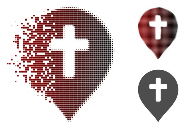 Damaged Pixelated Halftone Religion Cross Marker Icon — Stock Vector