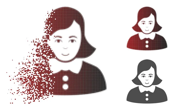 Ícone fragmentado da mulher do meio-tom do pixel com cara — Vetor de Stock