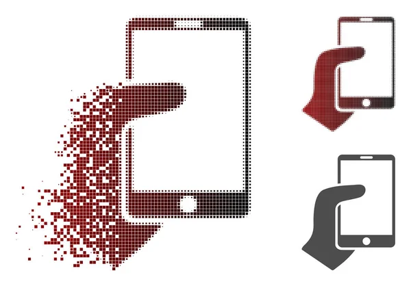 Fragmented Pixelated Halftone Hand Hold Smartphone Icon — Stock Vector