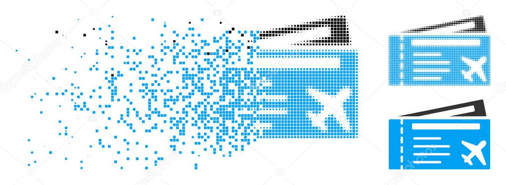 Airtickets icon in fragmented, pixelated halftone and original variants. Elements are grouped into vector dissolving airtickets shape. Disappearing effect involves rectangle particles.