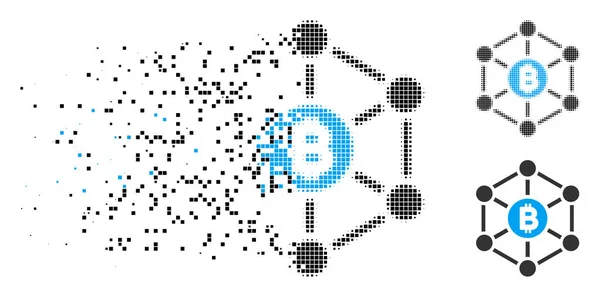 Desintegración Pixelated Halftone Bitcoin Finanzas Netwok icono — Vector de stock