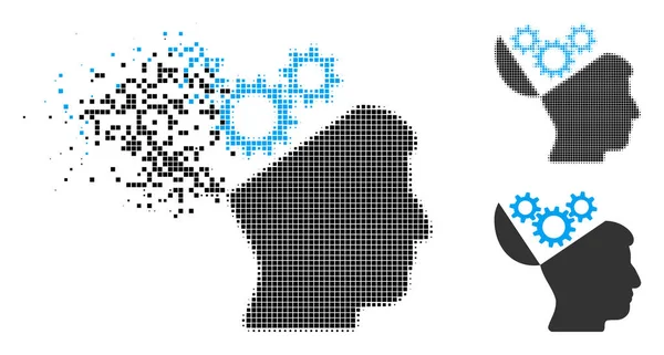 Fragmented Pixelated Halftone Open Mind Gears Icon — Stock Vector