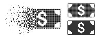 Doları banknot kutsal kişilerin resmi içinde çözünmüş, pixelated yarı ton ve tüm sürümleri. Puan vektör kaybolan doları banknot simgesi haline oluşur. Kaybolan etkisi dikdörtgen parçacıklar içerir.