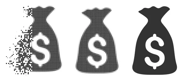 Descompuesto Pixelated Halftone Money Bag Icono — Vector de stock