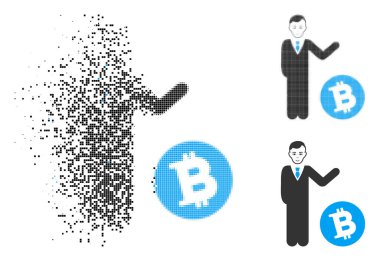 Bitcoin işadamı simgesi yüz ışıltı, pixelated yarı ton ve hasarsız tüm sürümleri ile. Piksel vektör kaybolan Bitcoin işadamı simgesi haline oluşur.
