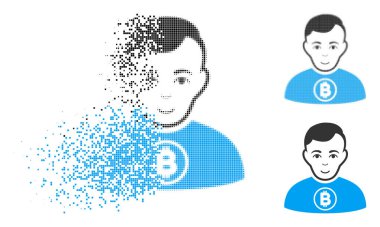 Yüz ile hasarlı nokta noktalı resim Bitcoin adam simgesi