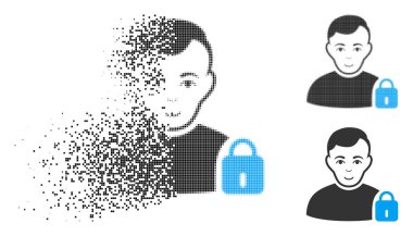 Kullanıcı simgesi yüz ile ışıltı içinde kilitli, noktalı yarım ton ve hasarsız tüm sürümleri. Puan Kullanıcı kilitli simgesi eriterek vektör düzenlenir. Dağılma efekti dikdörtgen noktalar içerir.