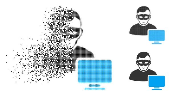 Icono dañado Pixelated Halftone Computer Hacker con cara — Vector de stock