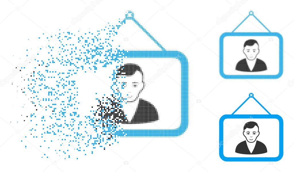 Disintegrating Pixelated Halftone Man Portrait Icon with Face