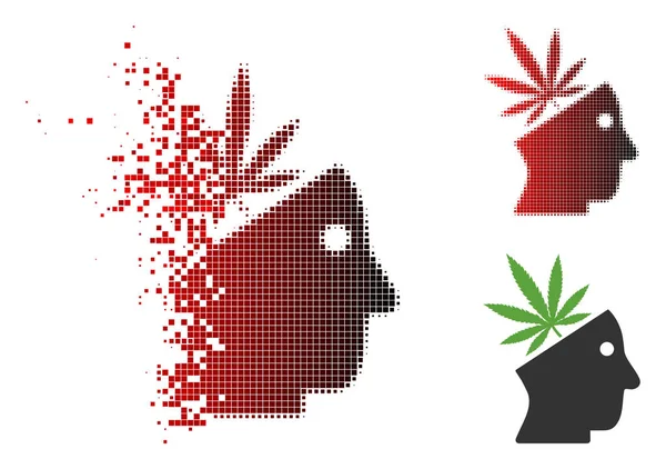 Dañado punteado Halftone Cannabis pensamiento cabeza icono — Vector de stock