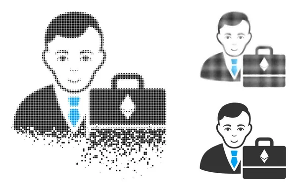 Pixel dissolvant demi-teinte Ethereum Accounter Icône avec visage — Image vectorielle