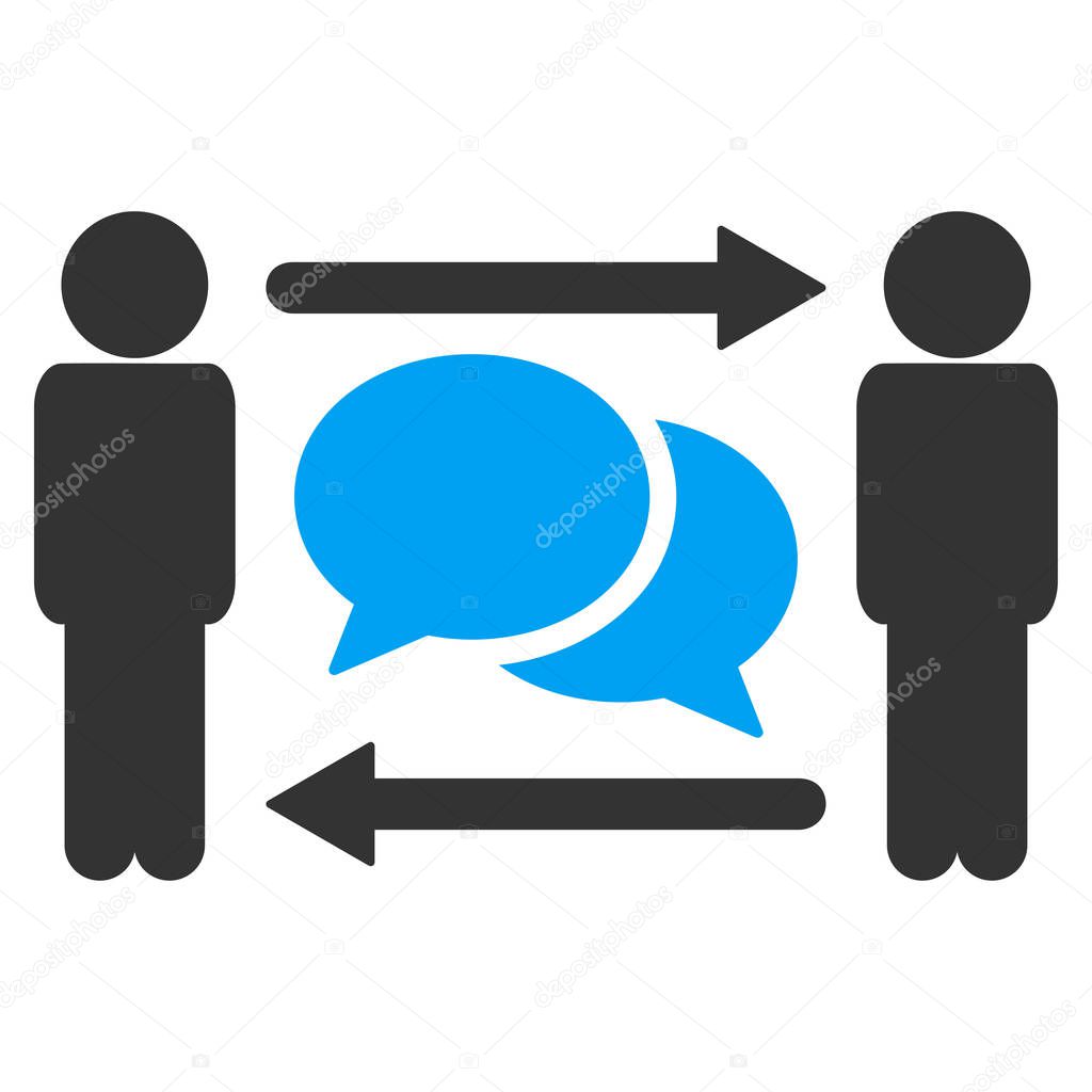 Persons exchange messages raster pictogram. Illustration style is flat iconic symbol with gray elements.