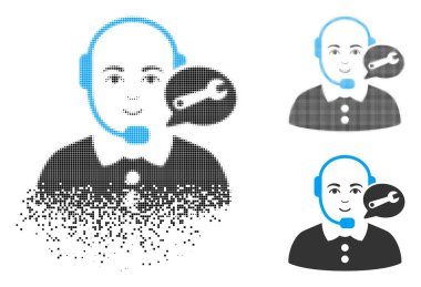 Hizmet Merkezi Bayan işleç simgesini yüzüne ile dağınık, pixelated yarı ton ve hasarsız katı türevleri. Parçacıklar hizmet merkezi Bayan operatör şekil kaybolan vektör düzenlenir.