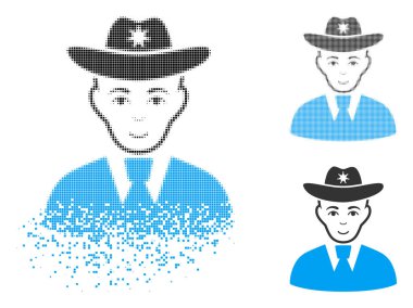 Yüz harcanmış, noktalı yarım ton ve hasarsız katı sürümleri ile Şerif simgesi. Puan vektör kaybolan Şerif simgesi haline düzenlenir. Kaybolan etkisi küçük parçaları kullanır.