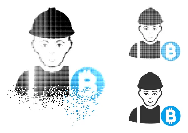Dispersa punto medio tono Bitcoin Miner icono con la cara — Vector de stock