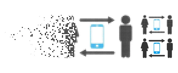 Disolver Pixel Halftone People Exchange Smartphone Icon — Vector de stock