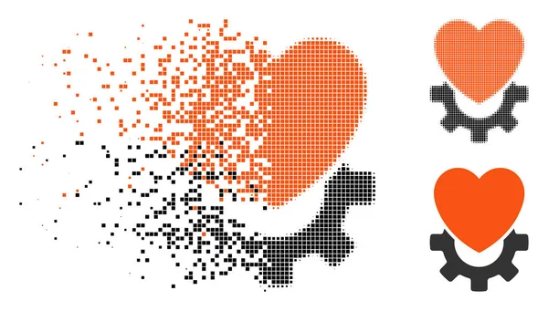 Icono de corazón mecánico de medio tono de píxel destruido — Vector de stock