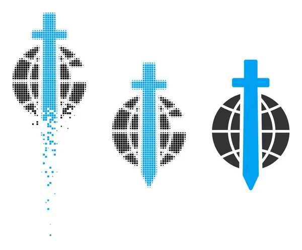 Dispersed Pixelated Halftone Sword Globe Icon — Stock Vector