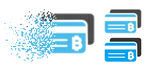 Icono dañado Pixelated Halftone Bitcoin tarjetas bancarias — Vector de stock