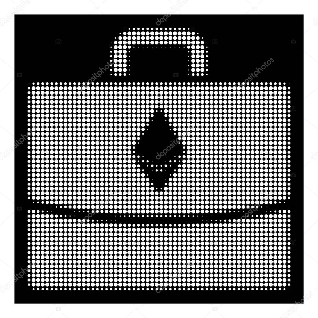 Halftone pixelated Ethereum accounting case icon. White pictogram with pixelated geometric pattern on a black background. Vector Ethereum accounting case icon constructed of rounded blots.