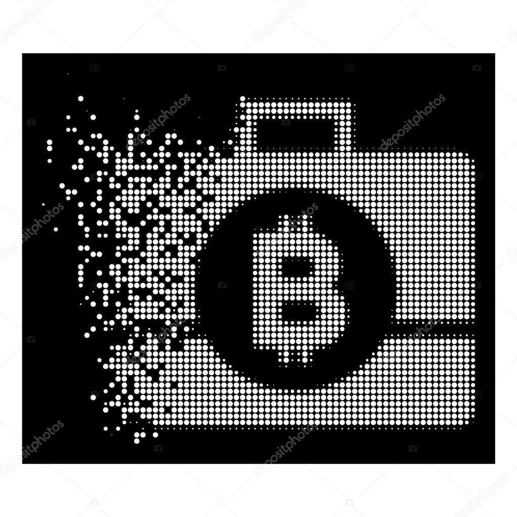White Moving Pixelated Halftone Bitcoin Business Case Icon