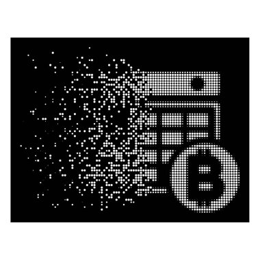 Bitcoin takvim simgesini siyah arka plan üzerinde parçalanmış etkisi ile. Beyaz daireler vektör kaybolan noktalı resim Bitcoin takvim sembolü birleştirilir.