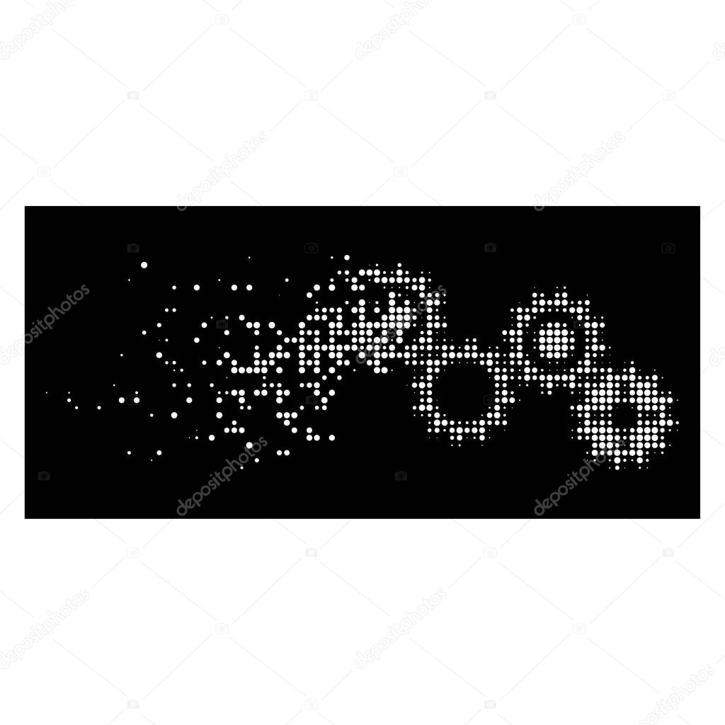 White Dissipated Pixelated Halftone Gear Mechanism Icon