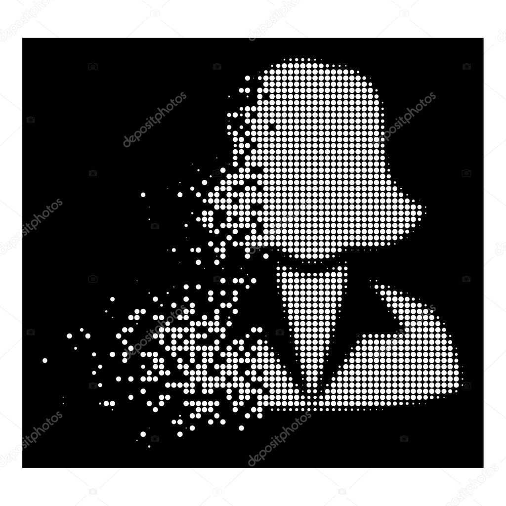 Office lady icon with disappearing style on black background. White circles are composed into vector disappearing halftone office lady pictogram. Disintegration effect involves small round particles.