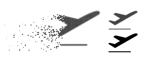 Rozdrobnione ikona odlotu samolotu kropkowane półtonów — Wektor stockowy