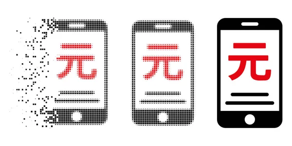 Icono móvil del pago del Renminbi Yuan del halftone del píxel móvil en movimiento — Vector de stock