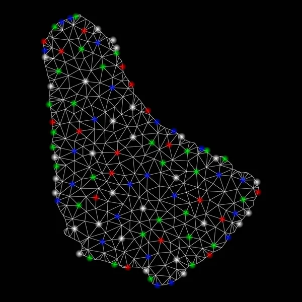 Carcasa de malla brillante Barbados Mapa con puntos de luz — Vector de stock