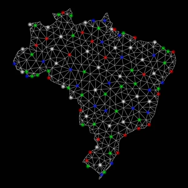 Bright mesh karkas Brazilië kaart met flare spots — Stockvector