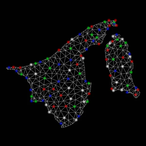 Bright Mesh Wire Frame Brunei Mapa con puntos de inflamación — Vector de stock