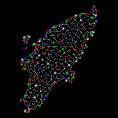 Parlak kafes tel çerçeve Rodos Adası Haritası ile ışık Spotlar