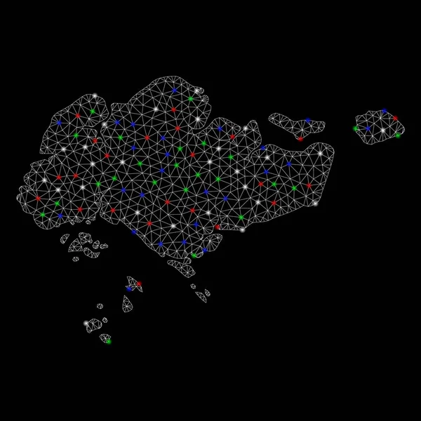 Carcasa de malla brillante Mapa de Singapur con puntos de luz — Vector de stock