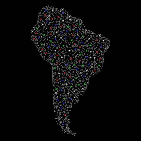 Malla Brillante Carcasa América del Sur Mapa con Flash Spots — Vector de stock